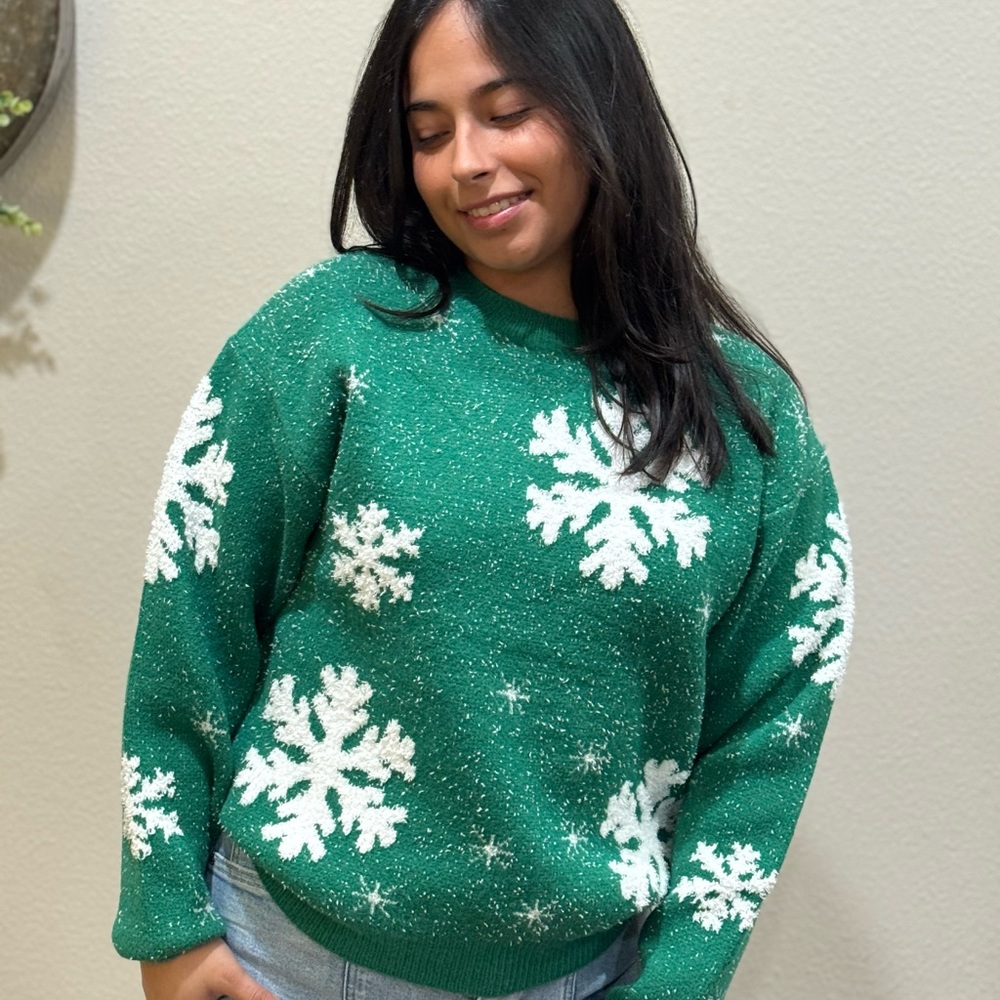BiBi Green and White Snowflake Sweater
